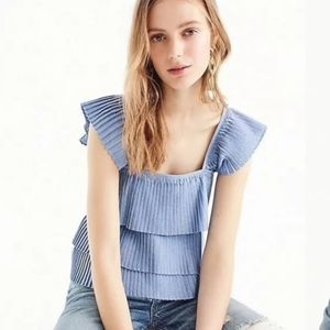 J. Crew Tiered Cropped Pleat Light Blue Top Blouse Size Large